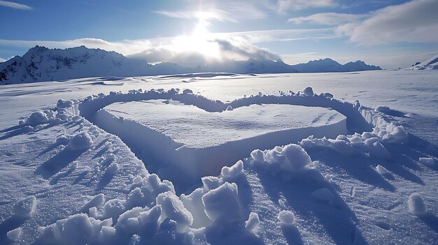 La imagen muestra un hermoso paisaje cubierto de nieve con una formación de nieve en forma de corazón en primer plano