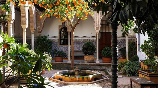 Esta imagen muestra un hermoso patio con una fuente de naranjos y plantas