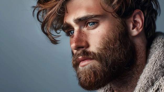 Foto esta imagen muestra a un hombre con cabello castaño claro y ojos azules tiene barba y pecas en la cara