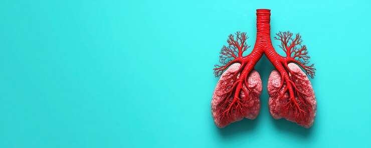 La imagen muestra una ilustración detallada de los pulmones humanos con vasos sanguíneos que muestran la intrincada conexión entre el corazón y los pulmones.