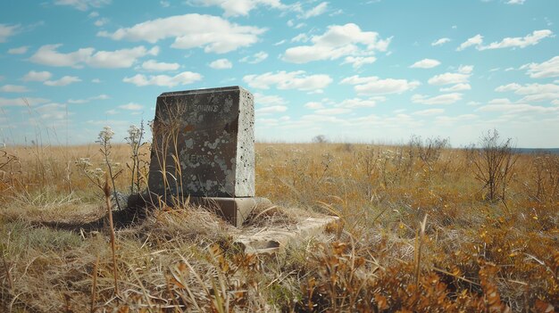 Esta imagen muestra una lápida solitaria en un campo rural La lápida es simple sin nombre ni fechas visibles