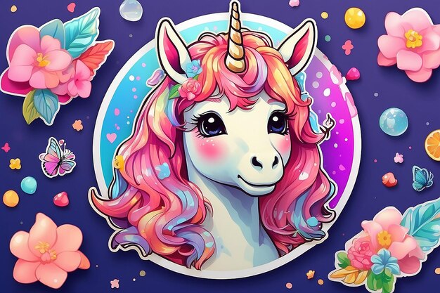 Esta imagen muestra una linda y colorida pegatina de un unicornio creada utilizando tecnología de IA generativa.