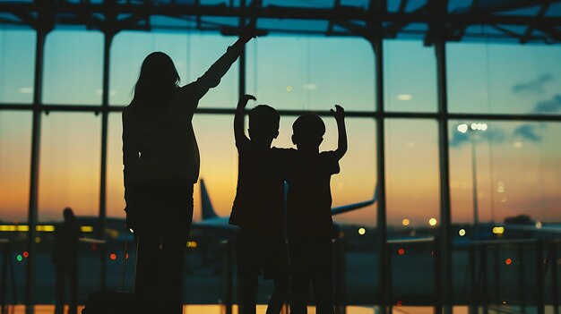 Foto la imagen muestra a una madre y sus dos hijos de pie en un aeropuerto con el sol poniéndose fuera de la ventana.