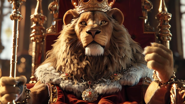 Foto la imagen muestra a un majestuoso león sentado en un trono. el león lleva una corona dorada y una túnica roja adornada con piel de ermitaño.