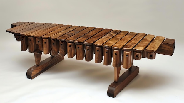 Esta imagen muestra una marimba de madera hecha a mano con un acabado de madera natural. Tiene 15 teclas hechas de madera de rosa y está afinada a una escala pentatónica.