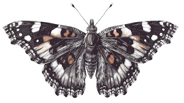Esta imagen muestra una mariposa almirante roja un boceto de tinta retrostilado un grabado y un insecto alado
