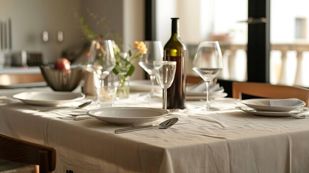 La imagen muestra una mesa bellamente puesta con un mantel blanco