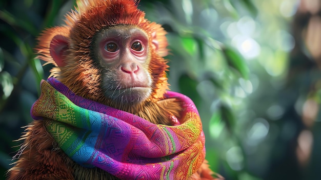 Esta imagen muestra a un mono con una bufanda de colores. El mono está mirando a la cámara con una expresión curiosa.