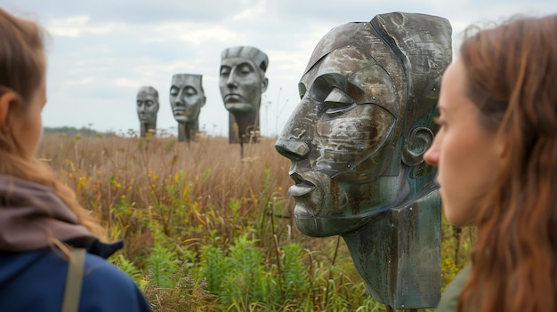 La imagen muestra a una mujer mirando una escultura de una cabeza de mujer. La escultura está hecha de metal y tiene una superficie áspera sin terminar.