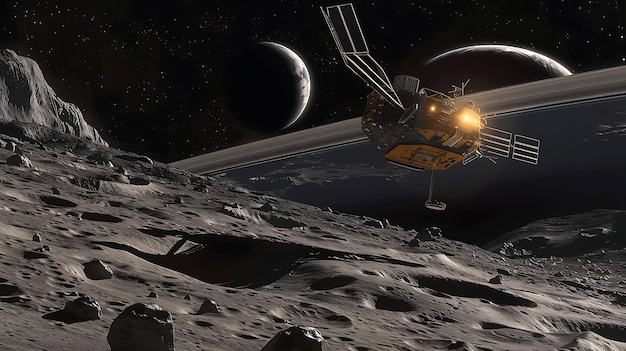 La imagen muestra una nave espacial en primer plano con un paisaje lunar debajo y un planeta con anillos en el fondo