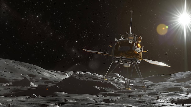 La imagen muestra una nave espacial en la superficie de la luna La nave espacial es dorada y negra y tiene un gran plato en la parte superior
