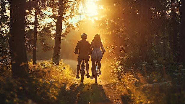 Foto la imagen muestra a una pareja montando bicicletas en un bosque el sol se está poniendo y los árboles están proyectando largas sombras