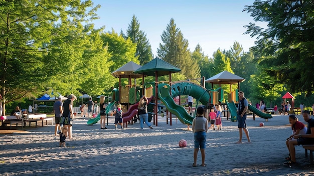 La imagen muestra un patio de recreo en un parque Hay muchas personas jugando en el equipo de parque Los padres están viendo a sus hijos jugar