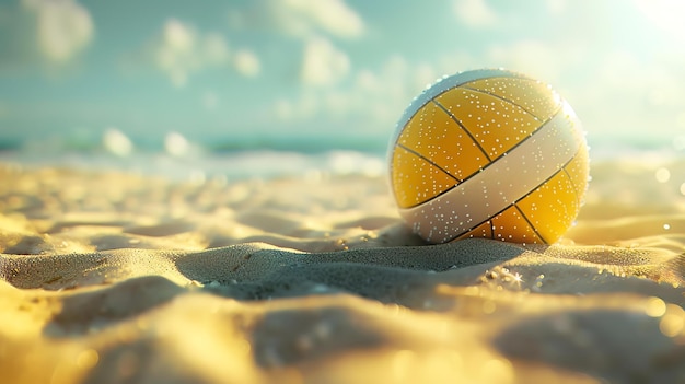 La imagen muestra una pelota de voleibol de playa en la arena con el océano y el cielo en el fondo
