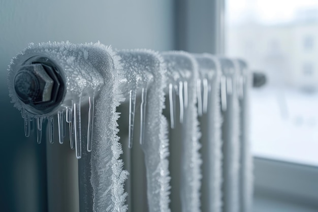 Esta imagen muestra un primer plano de un radiador doméstico cubierto de nieve y hielos contra el telón de fondo de un día de invierno fuera de la ventana