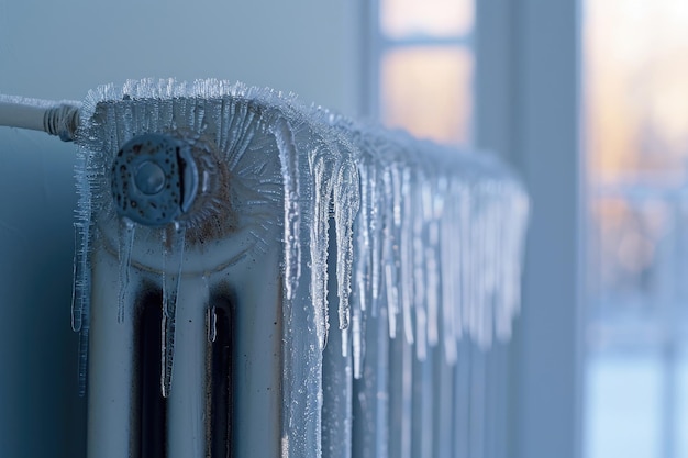 Esta imagen muestra un primer plano de un radiador doméstico cubierto de nieve y hielos contra el telón de fondo de un día de invierno fuera de la ventana