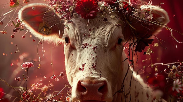 Esta imagen muestra un primer plano de una vaca blanca con una corona de flores rojas. La vaca está de pie en un campo de flores rojos.