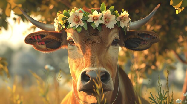 Esta imagen muestra un primer plano de una vaca con una corona de flores. La vaca está de pie en un campo de hierba y mirando a la cámara.