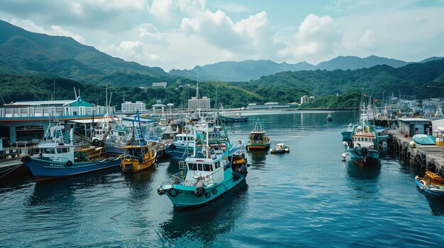 La imagen muestra un puerto con muchos barcos de pesca atracados también hay algunos edificios más grandes en la orilla