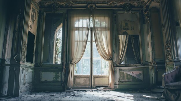 La imagen muestra un salón de baile abandonado con grandes ventanas y una silla rota. La habitación está en mal estado con pintura despellejada y muebles rotos.