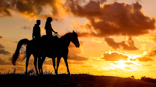 La imagen muestra una silueta de una pareja montando caballos al atardecer El cielo es de color naranja brillante y el sol se pone detrás de ellos