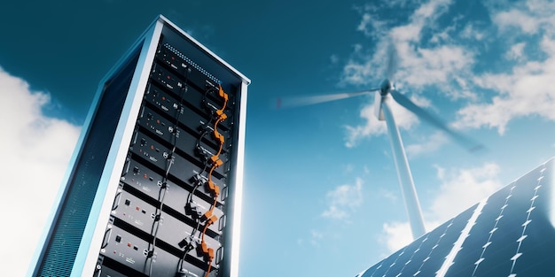 La imagen muestra el sistema de almacenamiento de energía en módulos de batería de litio completos con un panel solar y una turbina eólica en la representación 3d de fondo