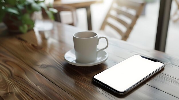 La imagen muestra una taza de café en un platillo y un teléfono inteligente en una mesa de madera El teléfono inteligente se coloca en el lado derecho de la taza