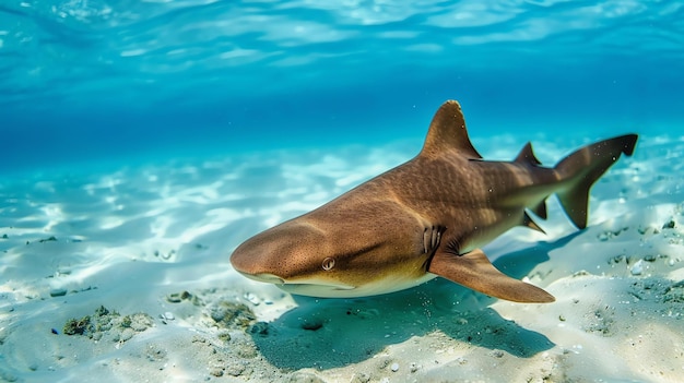 Foto la imagen muestra a un tiburón enfermera nadando sobre un fondo oceánico arenoso el tiburón es marrón y tiene un cuerpo largo y delgado su boca está abierta