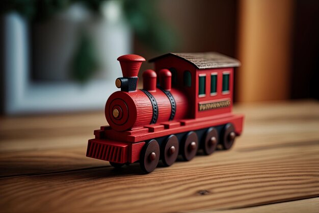 Foto la imagen muestra un tren de juguete de madera roja de cerca en una mesa de madera