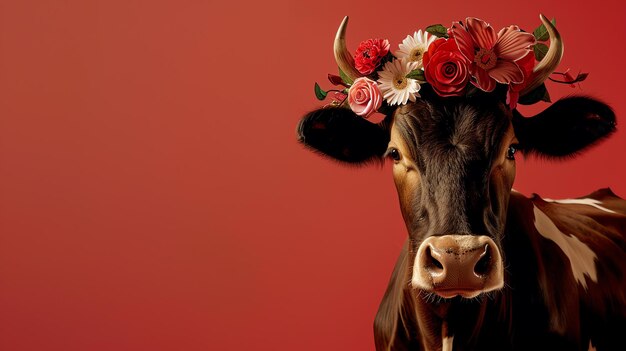 Foto esta imagen muestra una vaca con una corona de flores. la vaca está mirando a la cámara con una expresión neutral. el fondo es un color rojo sólido.