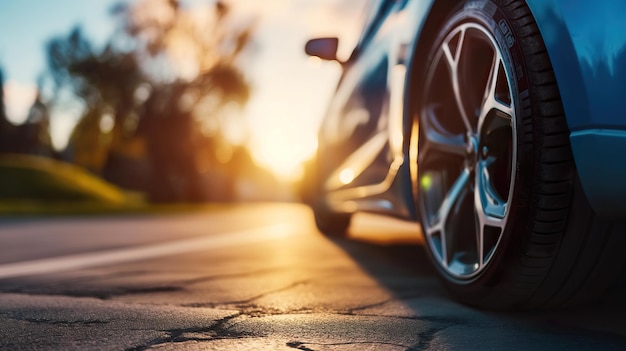 La imagen muestra una vista en primer plano de un neumático de coche negro moviéndose a lo largo de una carretera pavimentada