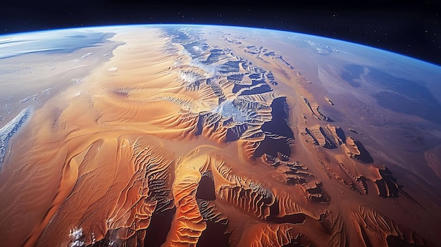 Esta imagen muestra una vista de la Tierra desde el espacio. La imagen está centrada en el desierto del Sáhara.
