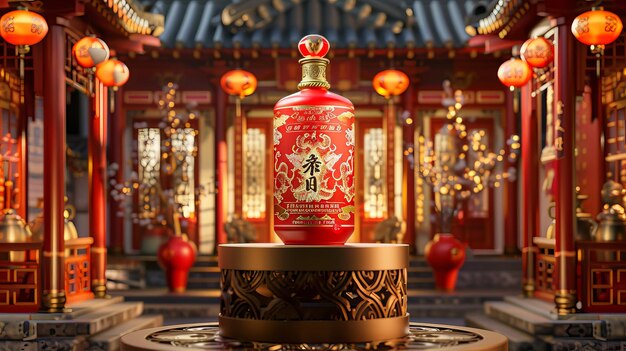 La imagen muestra una visualización en 3D de un exquisito diseño de botella de licor oriental en un escenario cilíndrico con un fondo de arquitectura tradicional china.