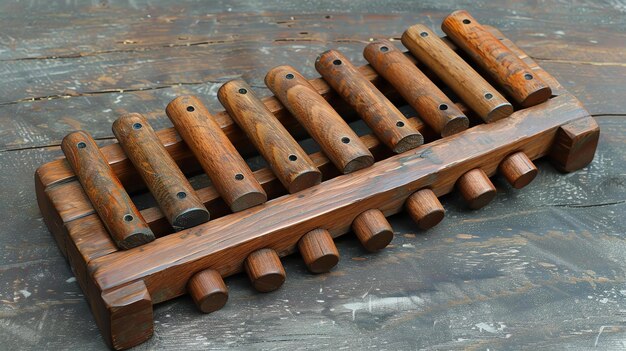 Foto esta imagen muestra un xilófono de madera con 12 barras. el xilófono está colocado en una mesa de madera. elxilófono está hecho de madera.