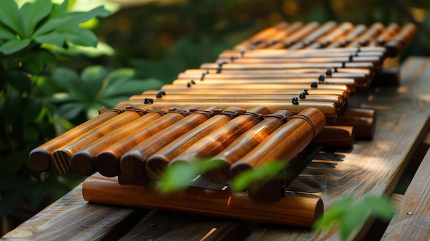 Foto esta imagen muestra un xilófono de madera colocado en una superficie de madera al aire libre el xilófono está hecho de madera natural y tiene un hermoso patrón de grano