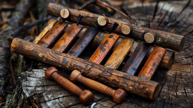 Foto esta imagen muestra un xilófono de madera con martillos en un tronco cortado el xilófono está hecho de madera natural los martillos también están hechos de madera