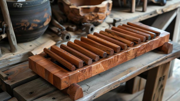 Esta imagen muestra un xilófono de madera sentado en una mesa de madera