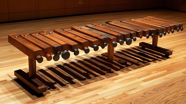 Esta imagen muestra un xilófono de madera sentado en un suelo de madera El xilófono está hecho de 15 barras de madera cada una de longitud y anchura diferentes
