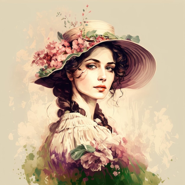 Imagen de mujer bonita con sombrero decorado con flores y pétalos en victoria