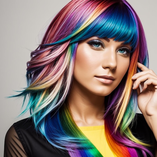 Una imagen de una mujer con el cabello de color arco iris