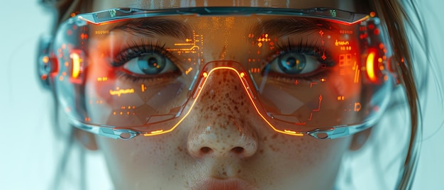 Una imagen de una mujer cyborg en estilo cyberpunk con un traje futurista y con un peinado sci-fi tech punk peinado tech punk cyborg femenina con implantes electrónicos y realidad virtual