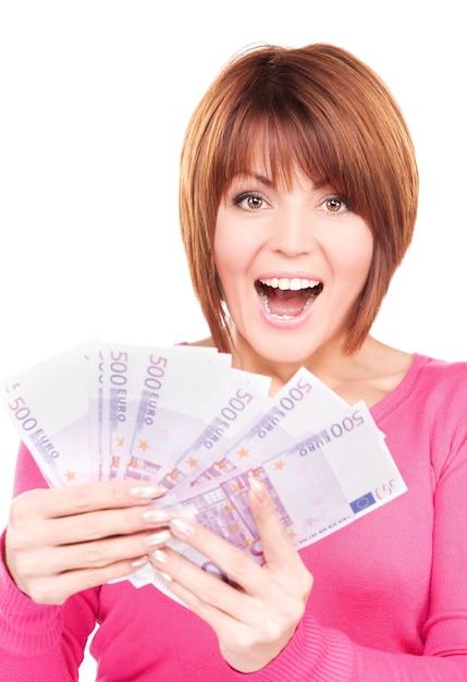 imagen de mujer feliz con dinero sobre blanco