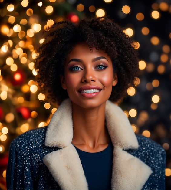 Imagen de una mujer hermosa en un fondo navideño con copos de nieve que caen