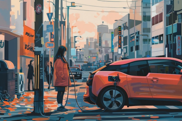 Imagen de una mujer joven cargando su coche eléctrico en una animada calle urbana