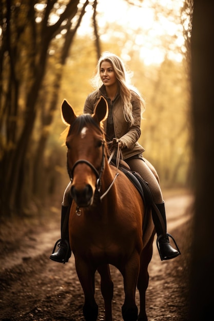 Imagen de una mujer joven disfrutando de un paseo en su caballo creada con IA generativa