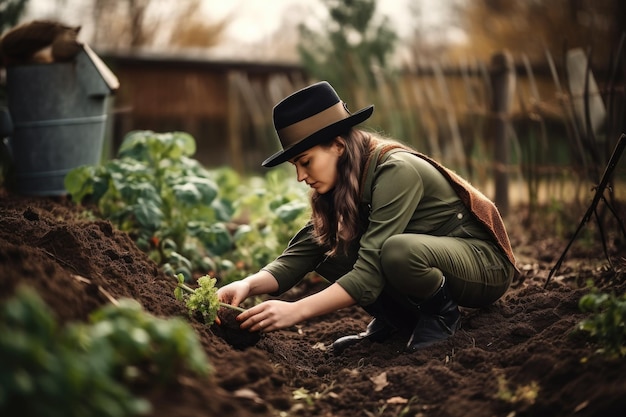 Foto imagen de una mujer joven haciendo trabajo de jardinería al aire libre creada con ia generativa