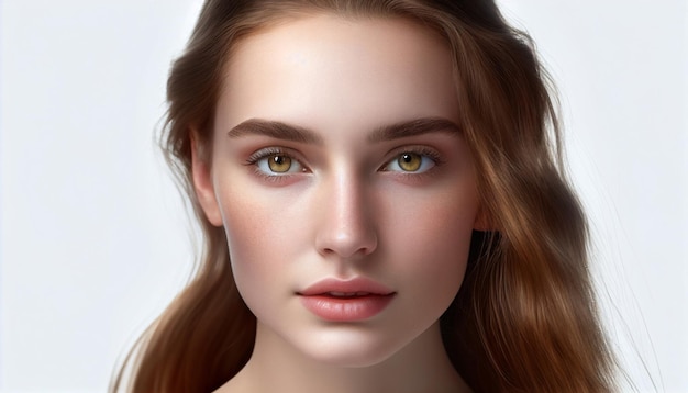 Imagen de una mujer joven y hermosa con una piel perfecta aislada en un fondo blanco Rostro perfecto generativo de AI