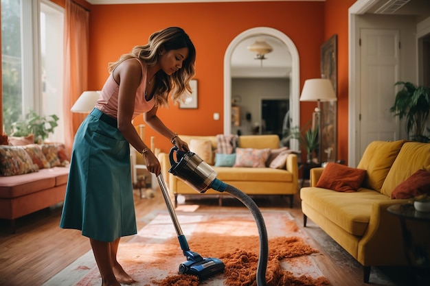 Imagen de una mujer limpiando la casa usando una aspiradora