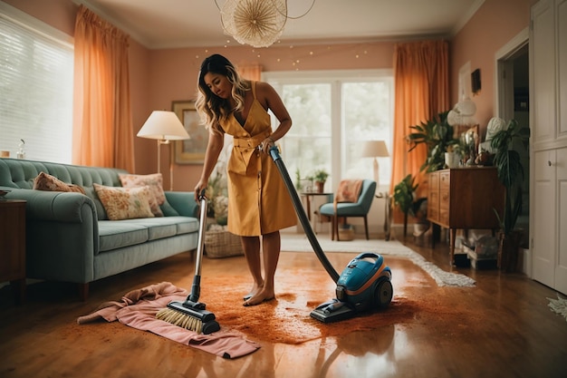 Imagen de una mujer limpiando la casa usando una aspiradora