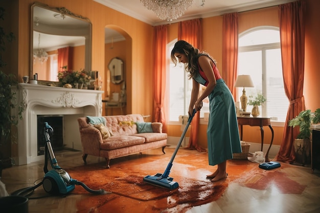 Imagen de una mujer limpiando la casa usando una aspiradora